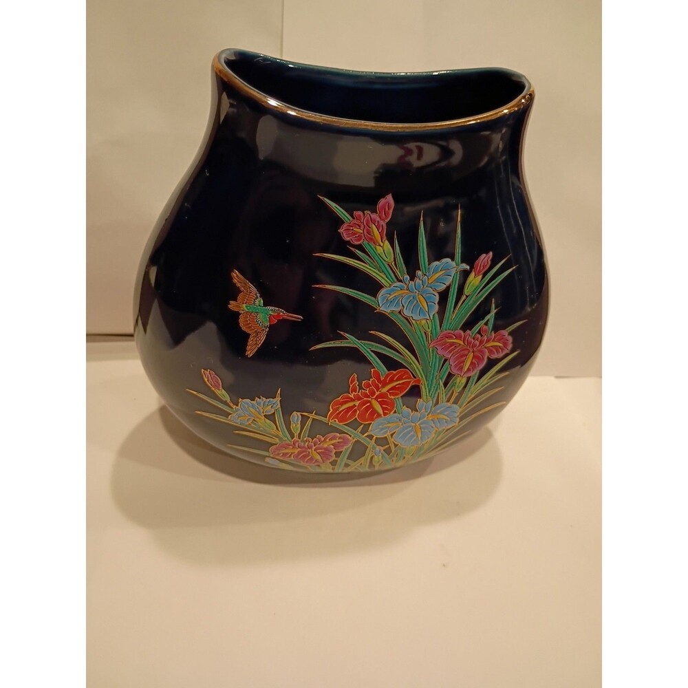 Vintage Tokyo Japan Navy Blue Gosu Iris + Bird Floral Vase Hand Painted GoldTrim